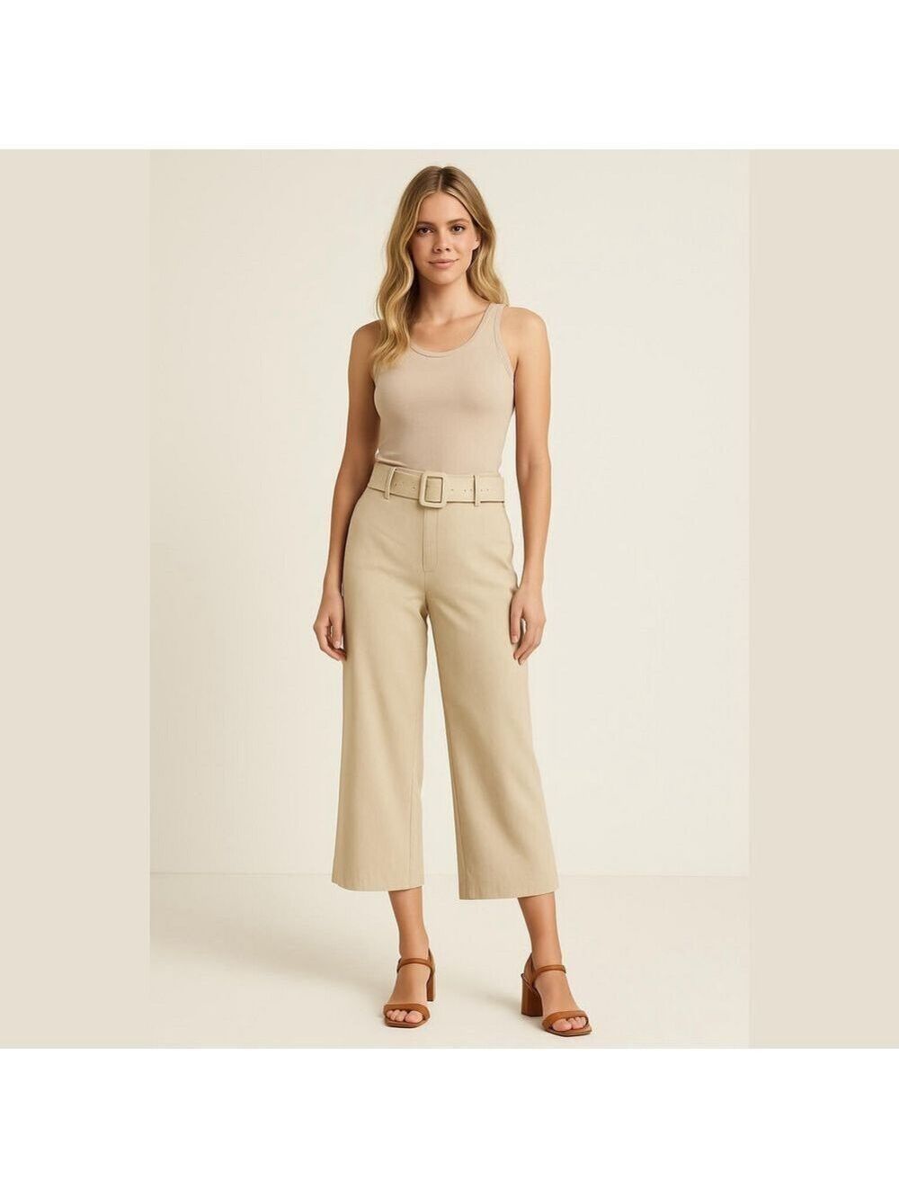 Rachel Zoe Cream Wide-Leg Capri Pants with Belt Sz 14